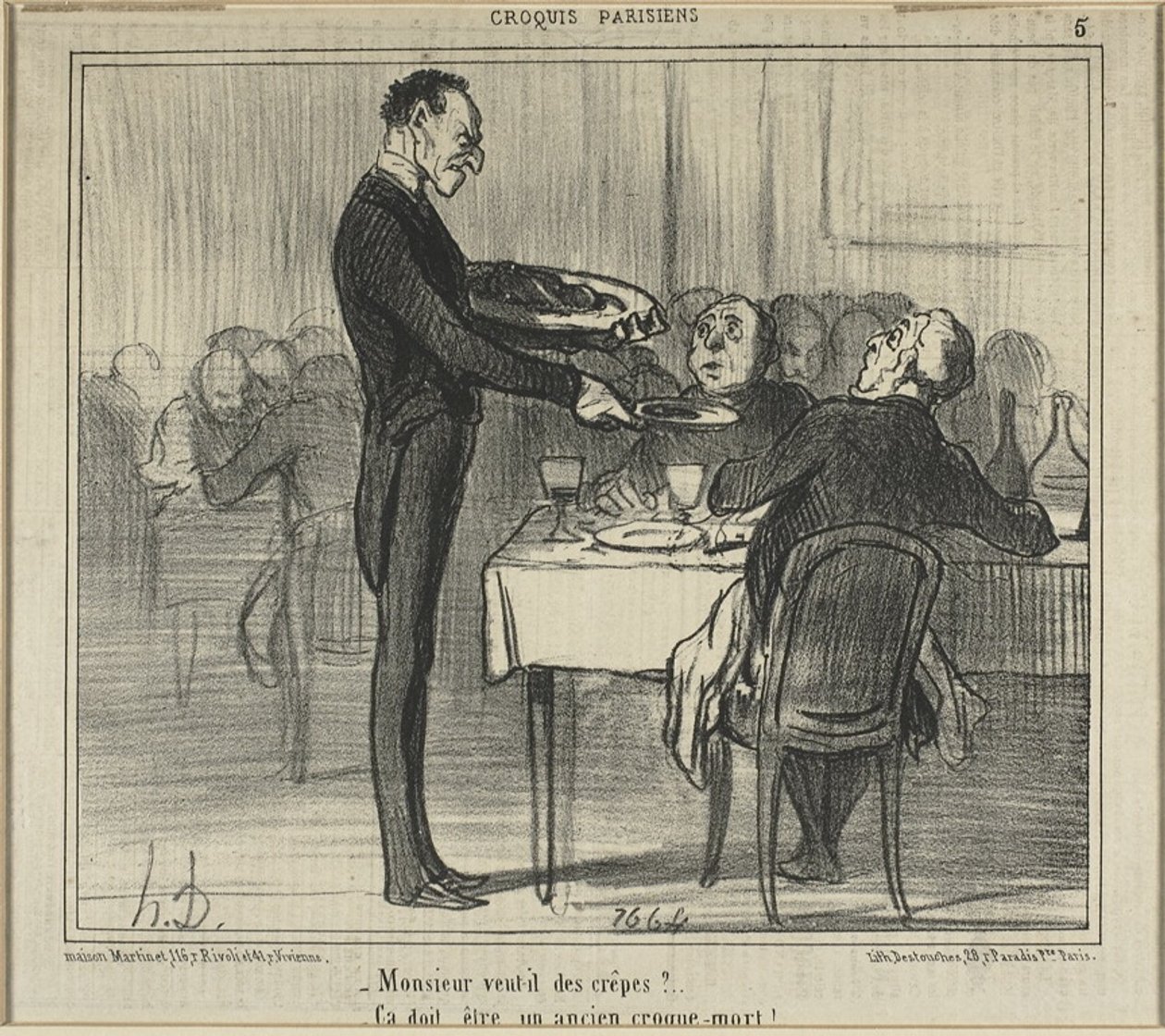 "Zou Monsieur wat crêpes willen... - Hij moet een begrafenisondernemer zijn geweest," plaat vijf uit Croquis Parisiens (Parijse Schetsen) door Honoré Victorin Daumier