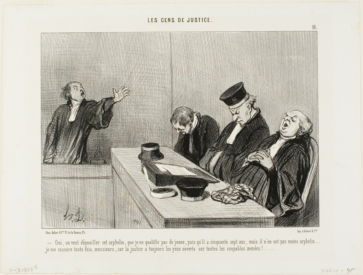 "Ja, ze zouden deze wees plunderen, die ik niet noodzakelijkerwijs als jong kan omschrijven, aangezien hij zevenenvijftig jaar oud is...Ik ben gerustgesteld, wetende dat justitie altijd een open oog houdt op alle schuldige manoeuvres! . . . plaat 11 uit Le door Honoré Victorin Daumier