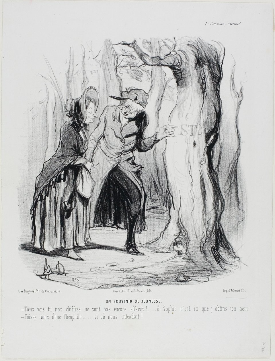 Jeugdige herinneringen. "Je ziet dat onze brieven nog niet gewist zijn... oh Sophie, hier heb ik je hart veroverd. - Hou nu je mond, Théophile.... als iemand ons zou horen!," plaat 49 uit Getrouwd leven door Honoré Victorin Daumier
