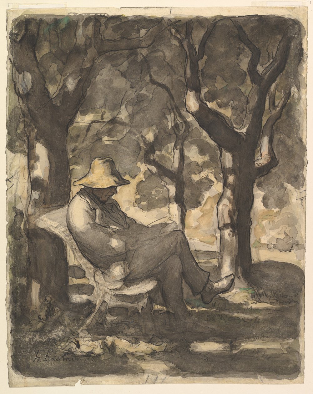 Een man die in een tuin zit te lezen (voorkant); Voorlopige schets voor Een man die in een tuin zit te lezen (achterkant) door Honoré Daumier