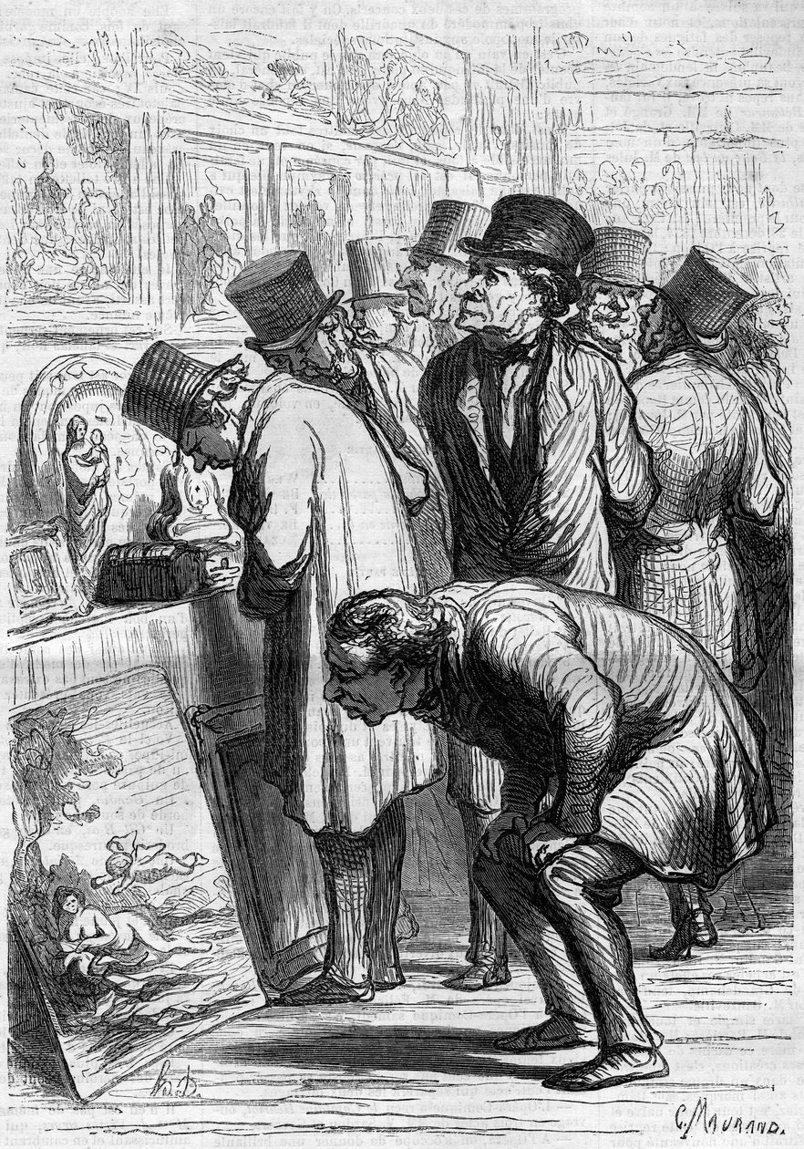 Een kamer van het Hotel Drouot, een dag van tentoonstelling. Cartoon door Honore Daumier. Gravure in 