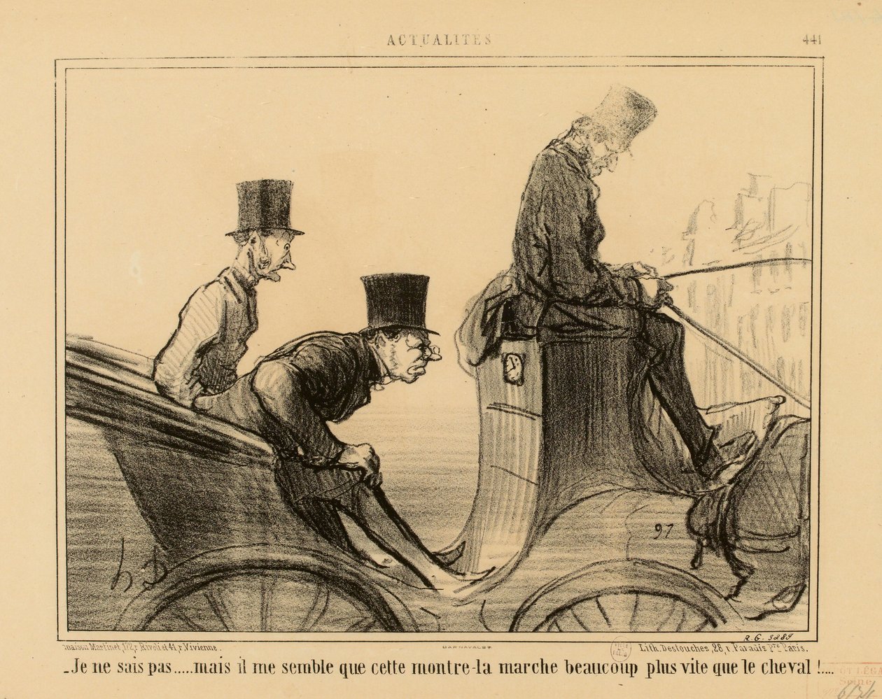 Actualiteiten nr. 441: - Ik weet het niet... maar het lijkt me dat dit horloge veel sneller loopt dan het paard door Honoré Daumier