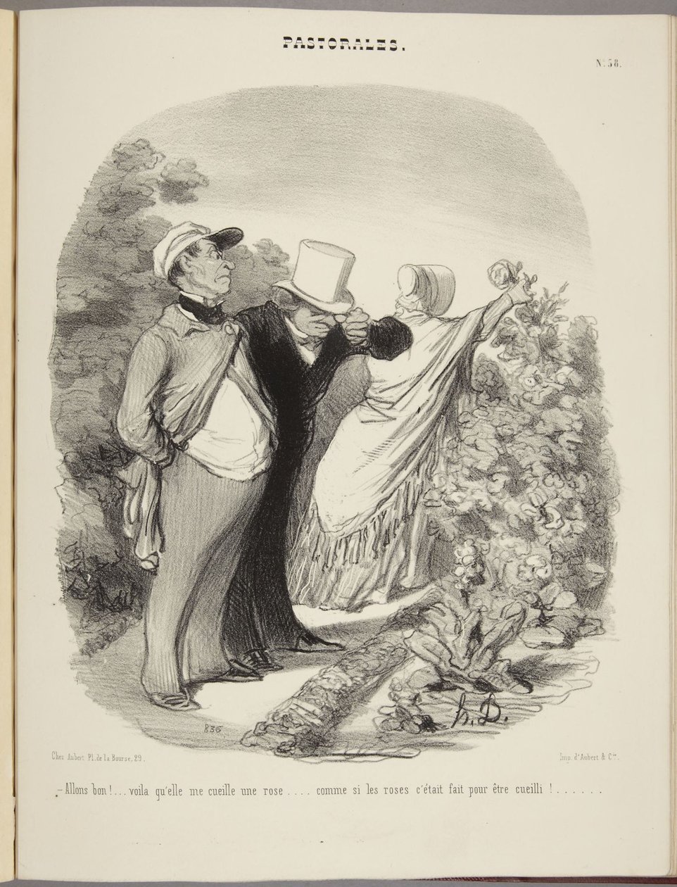 Nou ja!... daar plukt ze een roos voor me... alsof rozen gemaakt zijn om geplukt te worden!... door Honoré Daumier