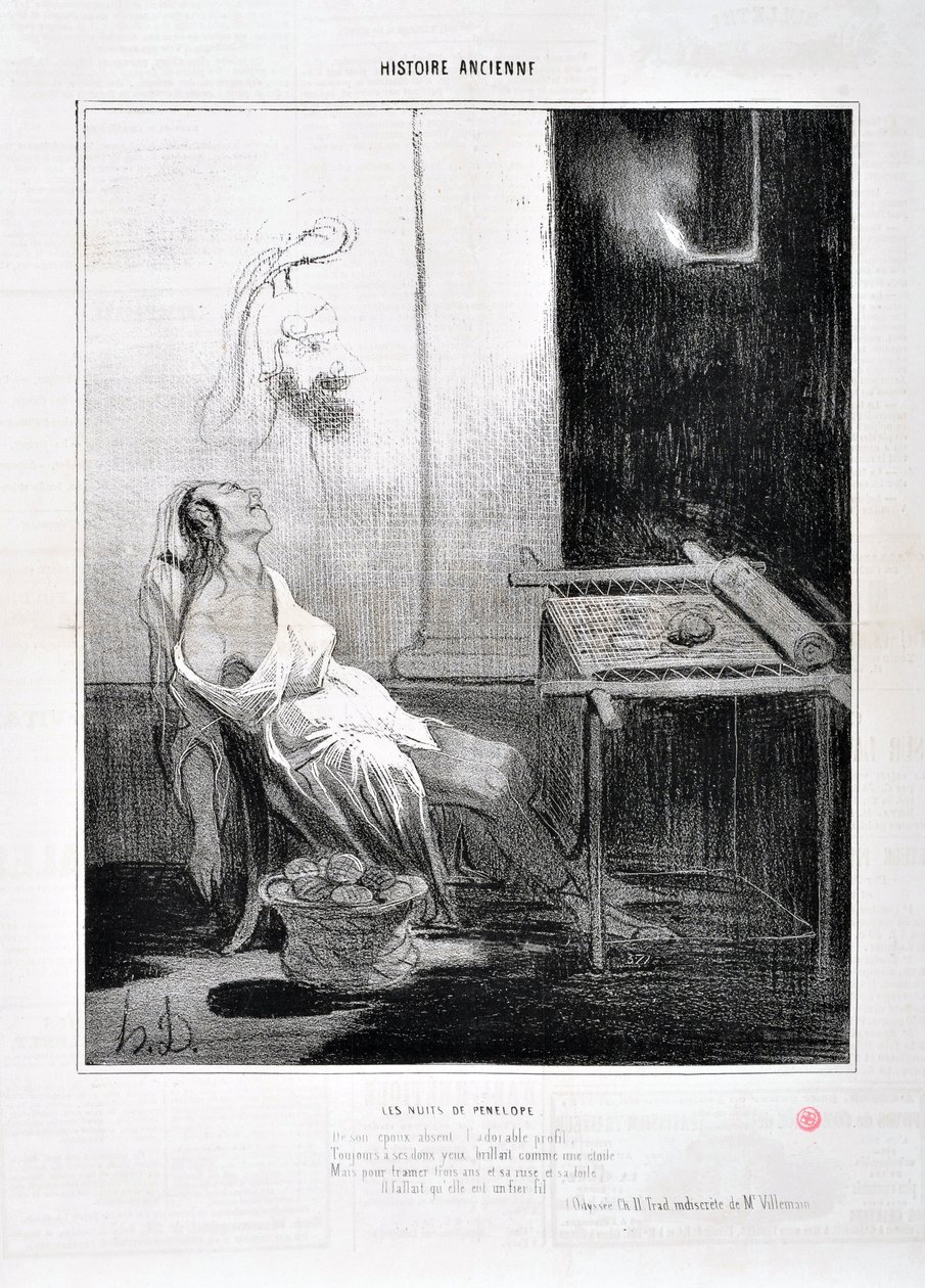 Kunstwerk door Honore Daumier (1808-1879) Charivari dateert uit 1842: Serie HISTORIE ANCIE Les Nuits de Penelope Van haar afwezige echtgenoot het aanbiddelijke profiel, Voor altijd schitterde in haar zachte ogen als een ster Maar om drie jaar te weven en h door Honoré Daumier