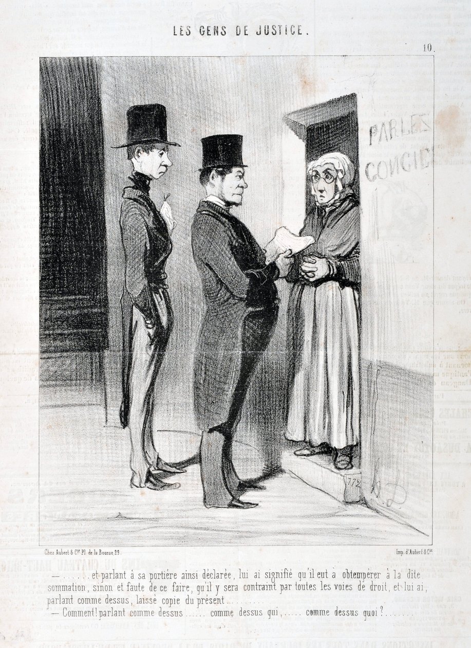 Kunstwerk door Honore Daumier (1808-1879). Charivari dateert uit 1845: Serie LES PEANS DE JUSTICE -... en sprekend bij zijn deur zo verklaard, heeft hem bedoeld dat hij de genoemde sommatie moest gehoorzamen, anders en bij het niet doen zal hij gedwongen w door Honoré Daumier