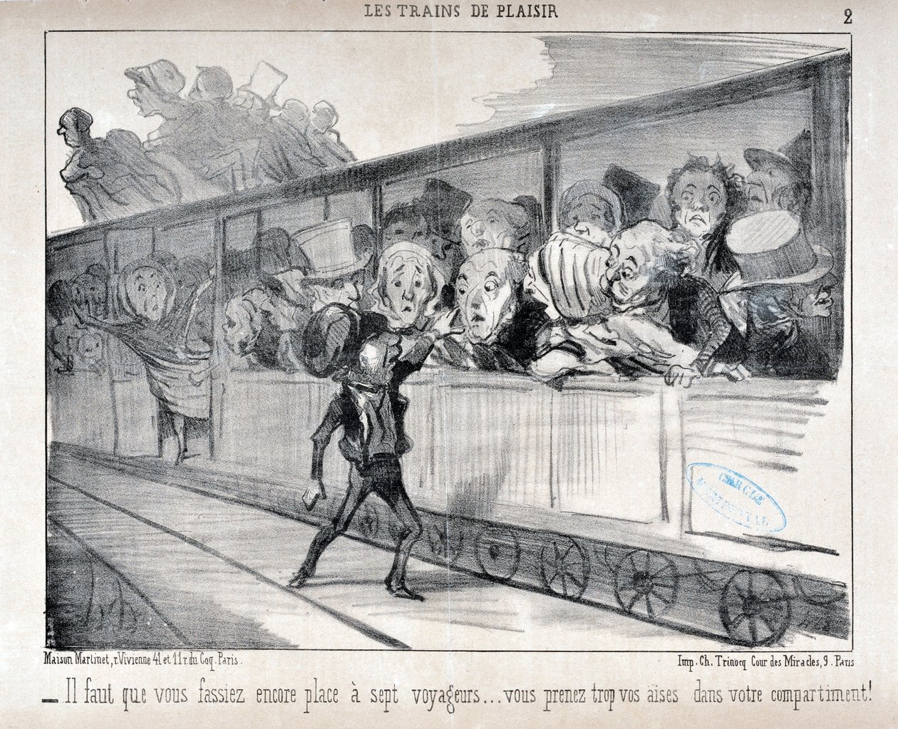 Kunstwerk door Honore Daumier (1808-1879). Charivari dateert uit 1852: Serie LES TRAINS DE PLEASURE - Je moet plaats maken voor zeven passagiers... je zit te comfortabel in je compartiment! MUSEUM VAN SCHONE KUNSTEN - PALEIS LONGCHAMP, MARSEILLE door Honoré Daumier