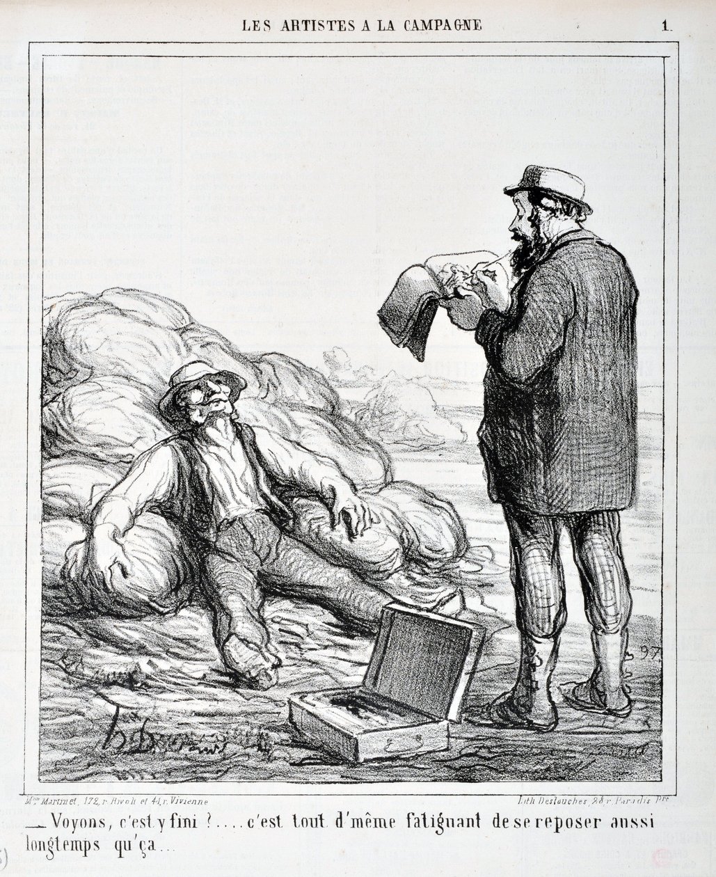 Kunstwerk door Honoré Daumier (1808-1879). Charivari dateert uit 1865: Serie LES ARTISTS IN THE CAMPAGNE - 