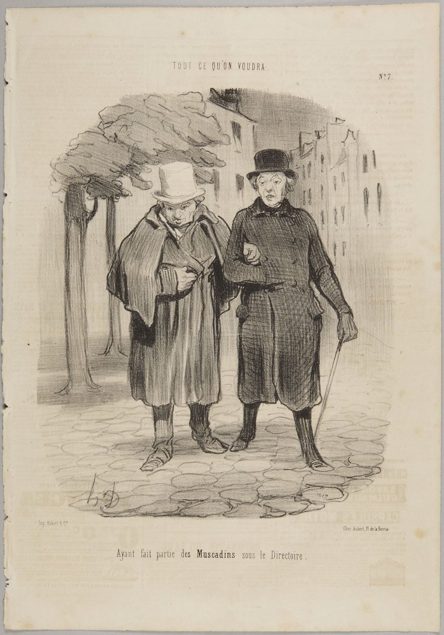 Als voormalig lid van de Muscadins onder het Directoire, nummer 7 uit de reeks „Tout ce qu’on voudra” van Le Charivari door Honoré Daumier