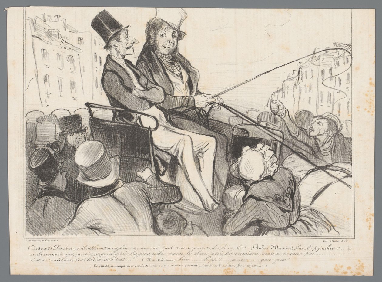 Bertrand en Robert-Macaire in een koets omringd door mensen door Honoré Daumier