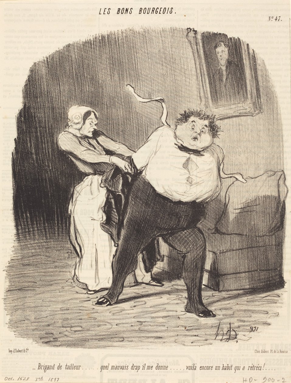 Kleermakersschurk... alweer een kledingstuk... gekrompen! door Honoré Daumier