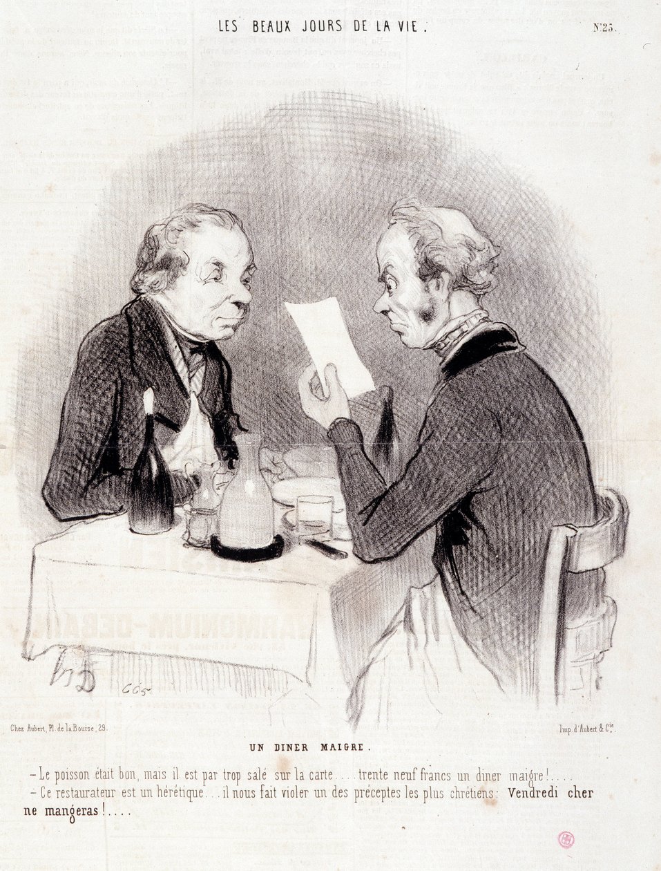 Spotprent over duur leven. Serie The Beautiful Days of Life: Een magere maaltijd... Gravure door Honore Daumier. Uit de krant Le Charivari op 18 oktober door Honoré Daumier