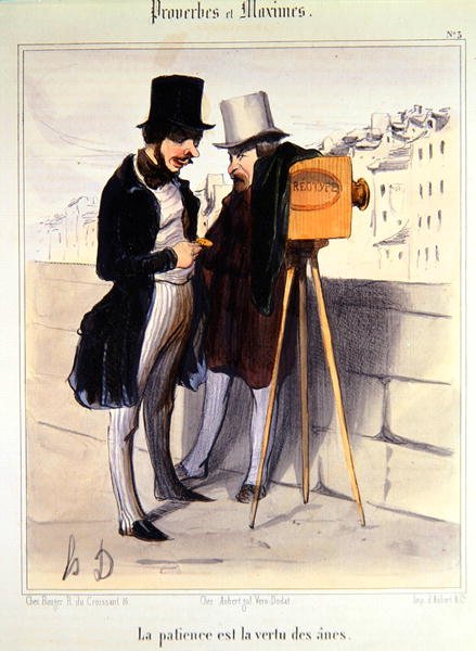 Cartoon die de tijdsduur voor het maken van een daguerreotypie belachelijk maakt, ca. 1840 door Honoré Daumier