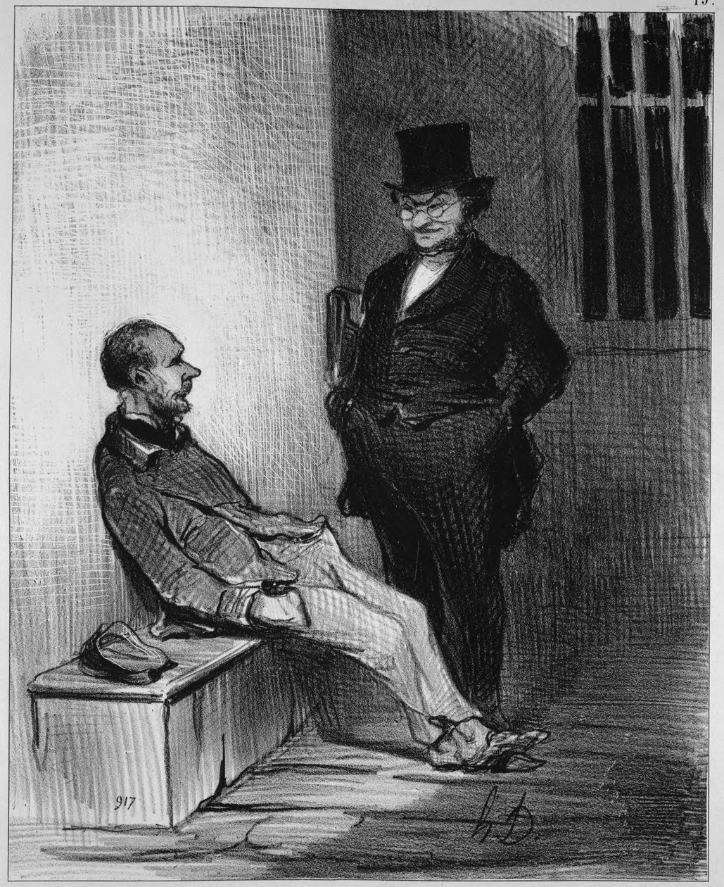 Wat mij ergert, is dat ik van twaalf diefstallen word beschuldigd!... Het zijn er twaalf... des te beter... ik zal monomanie aanvoeren!... door Honoré Daumier