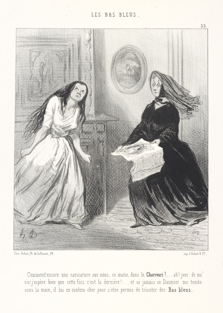 Wat! Vanochtend alweer een karikatuur over ons in de Charivari! ... Ach, bij mijn leven! Ik hoop toch echt dat dit de laatste keer is! ... En als die Daumier ooit in mijn handen valt, zal het hem duur komen te staan dat hij zich heeft veroorloofd blauwe door Honoré Daumier