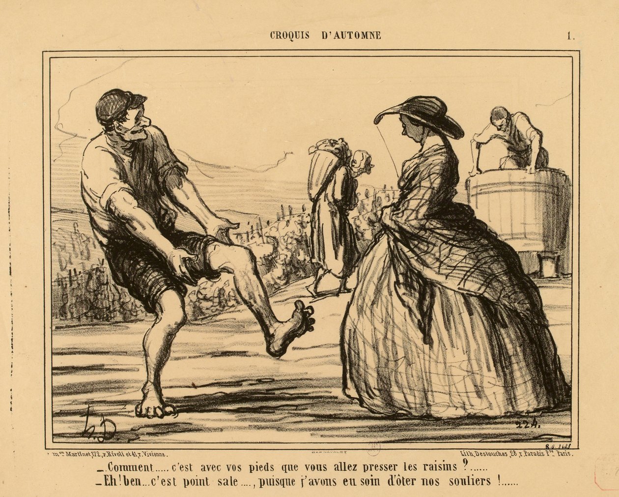 Herfstschetsen nr. 1: - Wat... gaat u de druiven met uw voeten persen?... door Honoré Daumier