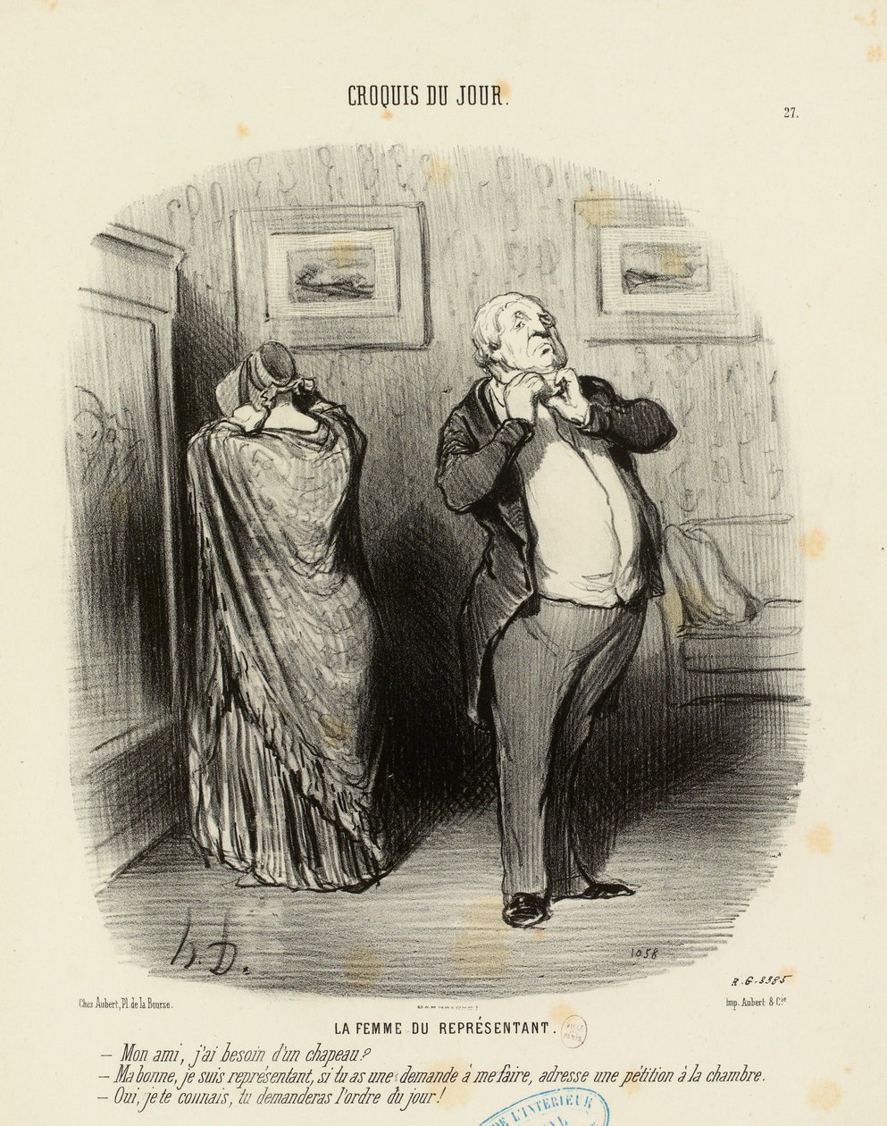 Schets van de dag nr. 27: De vrouw van de vertegenwoordiger. – Vriend, heb ik een hoed nodig door Honoré Daumier