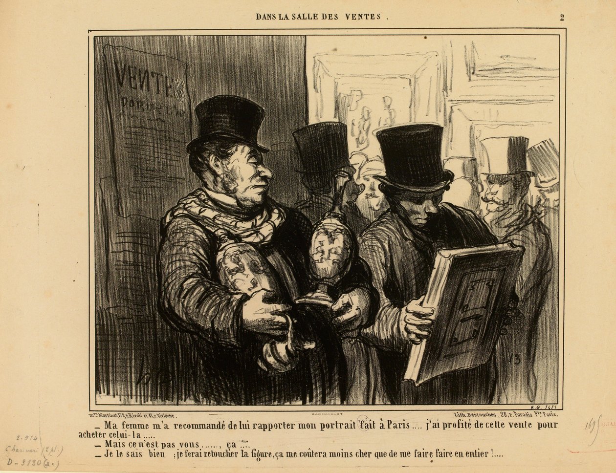In de veilingzaal nr. 2: Mijn vrouw heeft mij opgedragen haar mijn portret mee te brengen... door Honoré Daumier