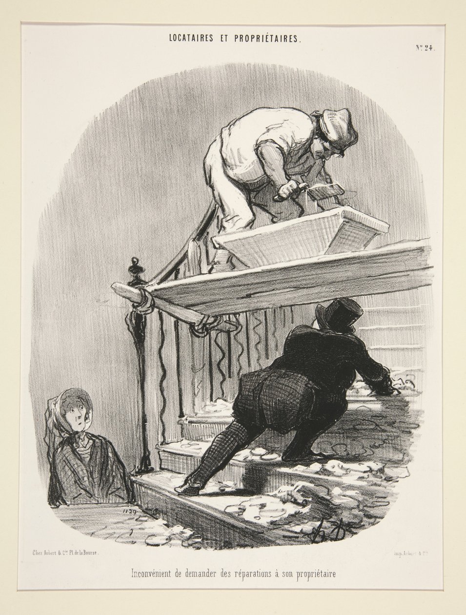 Het nadeel van het vragen om herstelwerkzaamheden aan de verhuurder. (Inconvenience of asking the landlord to repair the house.), pl. 24 uit de serie Locataires et propriétaire (Huurders en verhuurders) door Honoré Daumier