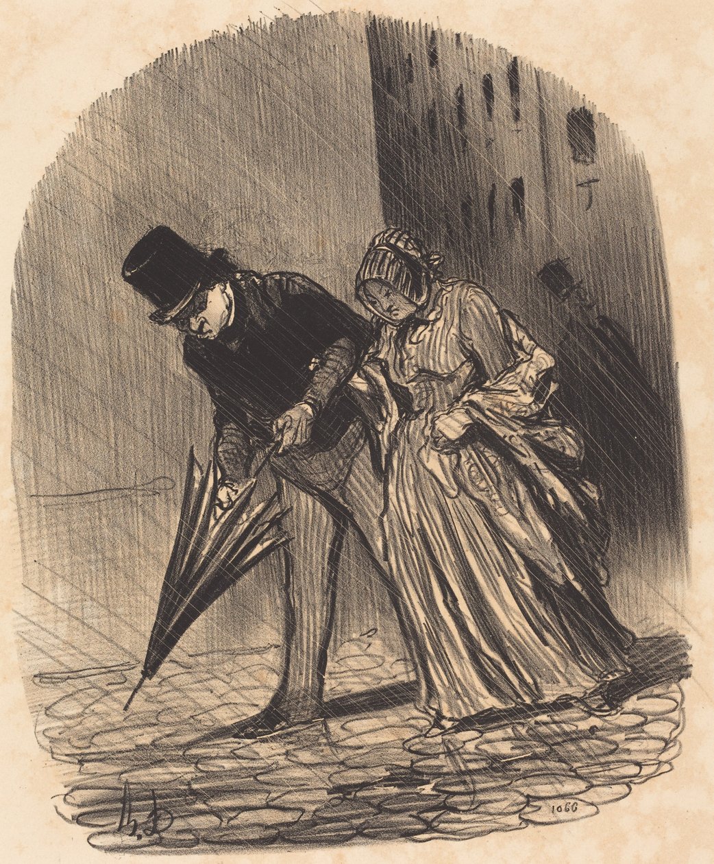 Nadeel van een te ingewikkelde paraplu met veren door Honoré Daumier