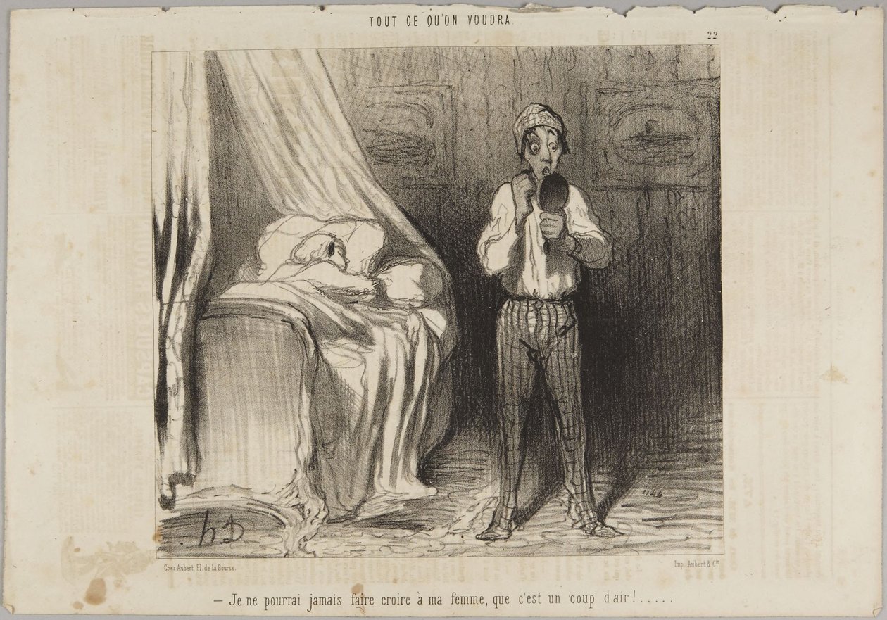 Ik zal mijn vrouw nooit kunnen doen geloven dat het tocht was!, nummer 22 uit de serie Alles wat men maar wil uit Le Charivari door Honoré Daumier