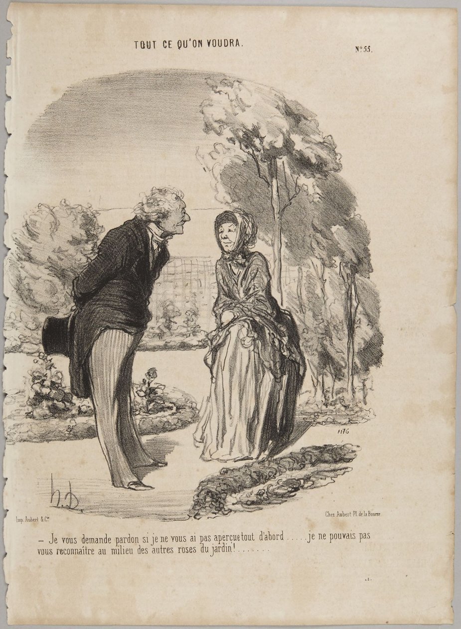 Ik vraag u om vergeving als ik u aanvankelijk niet heb opgemerkt..., nummer 55 uit de reeks "Alles wat men wil" uit Le Charivari door Honoré Daumier