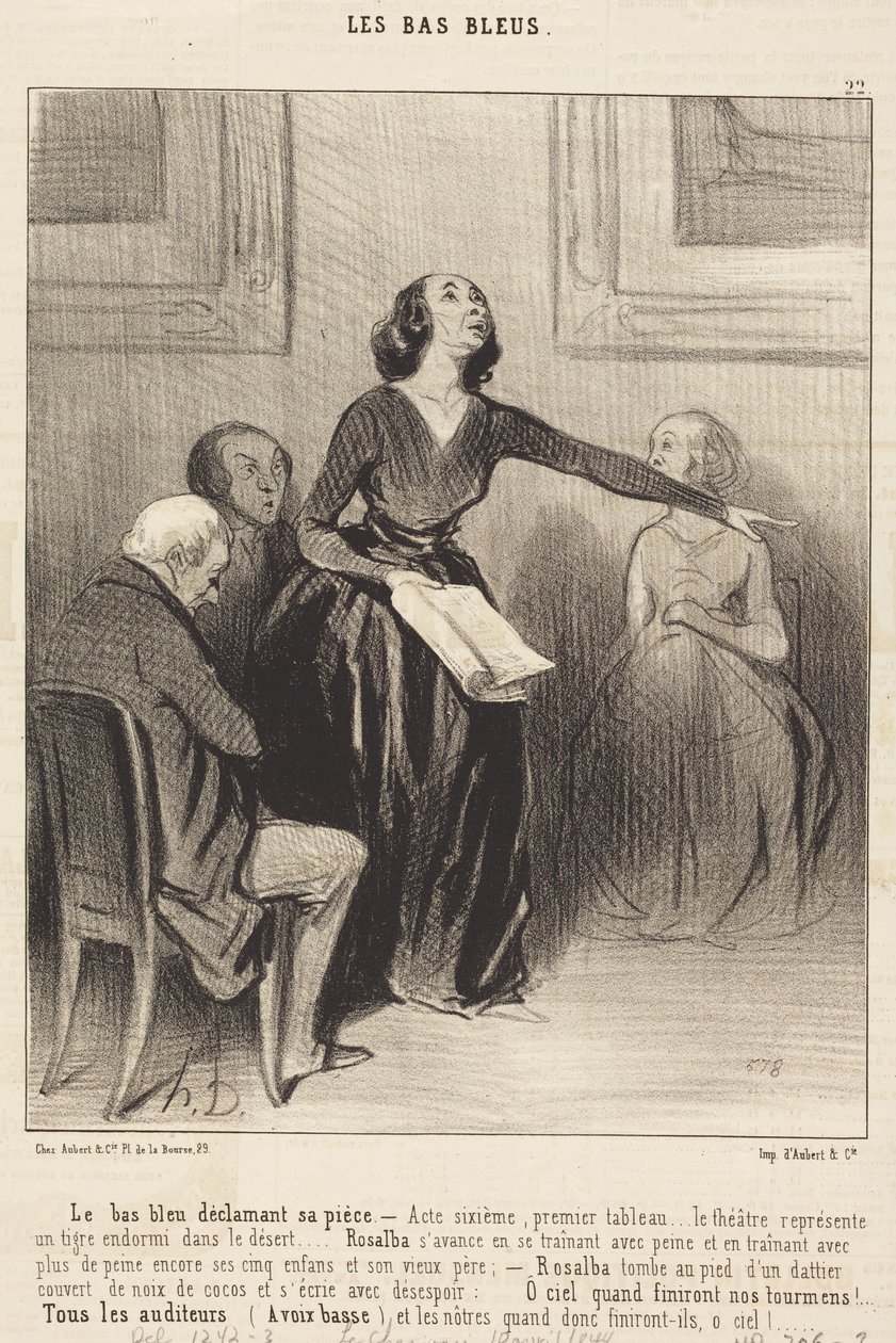 De Bas-bleu die zijn toneelstuk voordraagt door Honoré Daumier