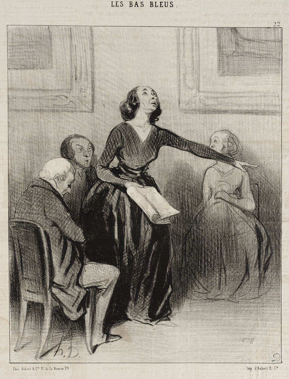 De Bas-bleu die zijn toneelstuk voordraagt door Honoré Daumier