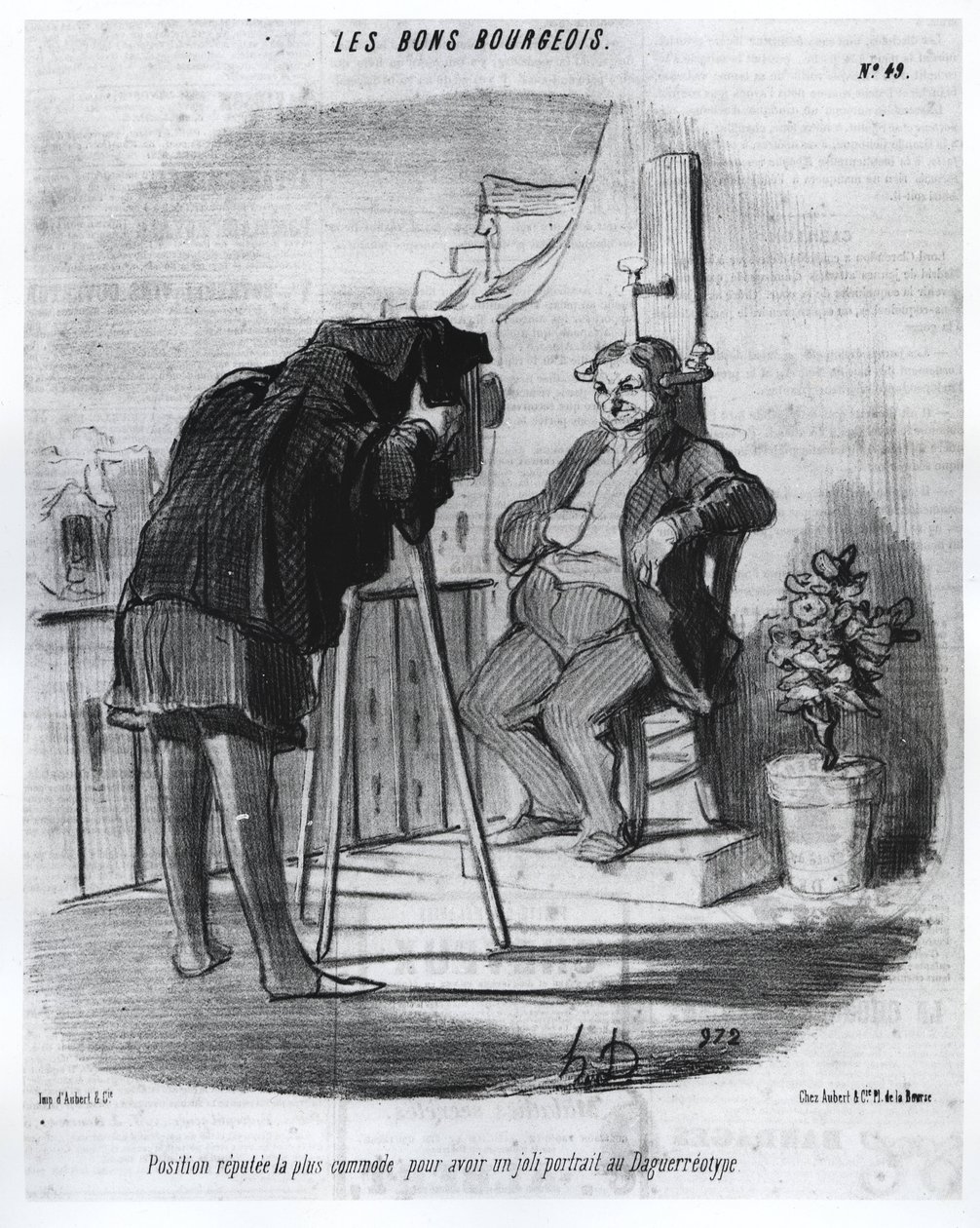 Les Bons Bourgeois - De meest geschikte positie om een mooi portret in de daguerreotypie te hebben, karikatuur van Daumier - in 