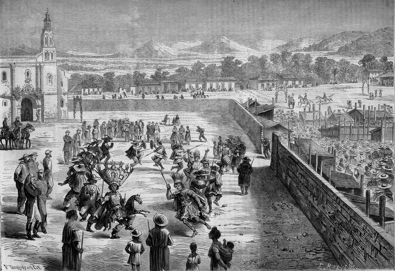 Mexicaanse gewoonte: Indiaans feest en dans in Santa Anna (Mexico) ter herinnering aan de verovering van Fernando Cortez. De Mexicanen waren verkleed als Spaanse conquistadores en soldaten van het Azteekse leger van Montezuma. 1863. Gravure in 
