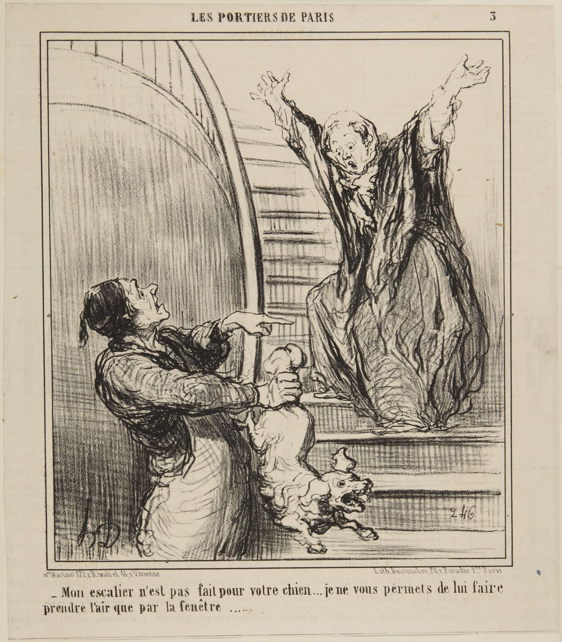 Mijn trap is niet gemaakt voor uw hond..., nummer 3 uit de serie De portiers van Parijs uit Le Charivari door Honoré Daumier