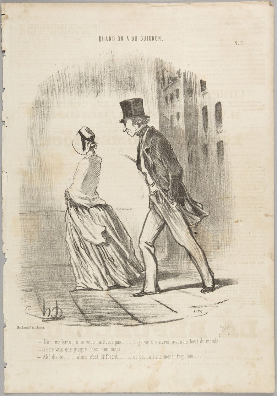 Nee, mevrouw, ik zal u niet verlaten..., nummer 3 uit de reeks „Quand on a du Guignon“ van Le Charivari door Honoré Daumier