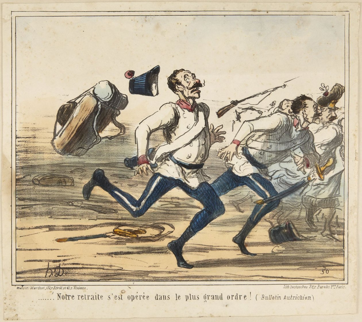 Onze terugtrekking verliep uiterst ordelijk! (Oostenrijks Bulletin), nummer 75 uit de reeks Actualités van Ces Bons Autrichiens door Honoré Daumier