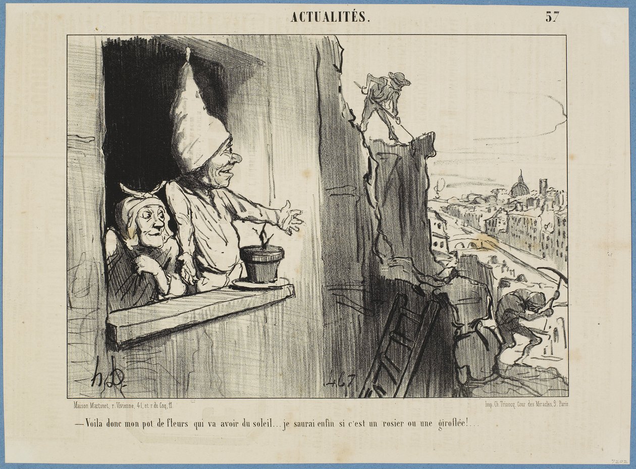 Nu krijgt mijn bloempot wat zon... Eindelijk zal ik weten of het een roos of een anjer is! door Honoré Daumier