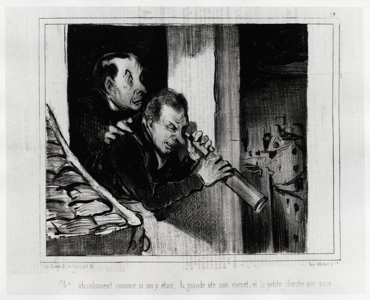 Oh! Absoluut alsof we daar waren, de grote doet haar korset uit en de kleine zoekt naar een chip. Illustratie van Honore Daumier (1808-1879), gepubliceerd in het nieuws in 