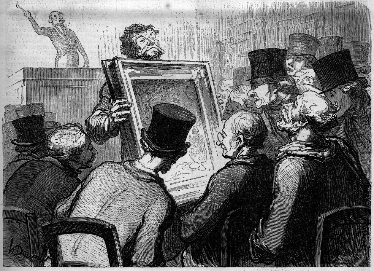 Schildersliefhebbers in Hotel Bouillon. Spotprent van Honore Daumier (1808-1879). Gravure in "Le Monde Illustré" n°250 van 25 januari. door Honore Daumier