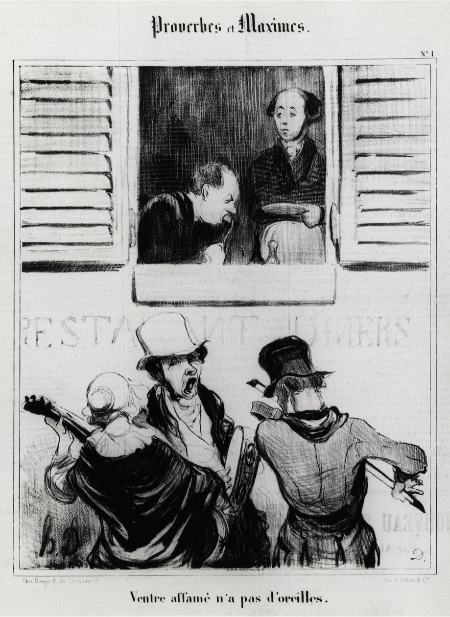 Spreekwoorden en gezegden: hongerige buik heeft geen oren. Illustratie door Honore Daumier (1808-1879). Karikatuur 19e eeuw, Musee Carnavalet, Parijs. door Honoré Daumier