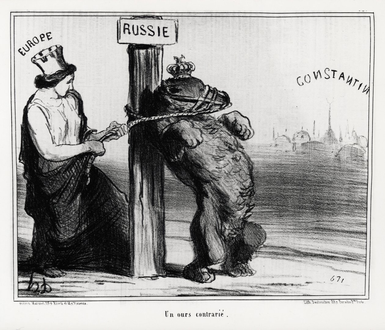 Rusland: een beer boos (door Europa). In maart 1854 vormden Frankrijk en Engeland een alliantie met Turkije tegen Rusland. Illustratie door Honore Daumier, gepubliceerd in het nieuws, 