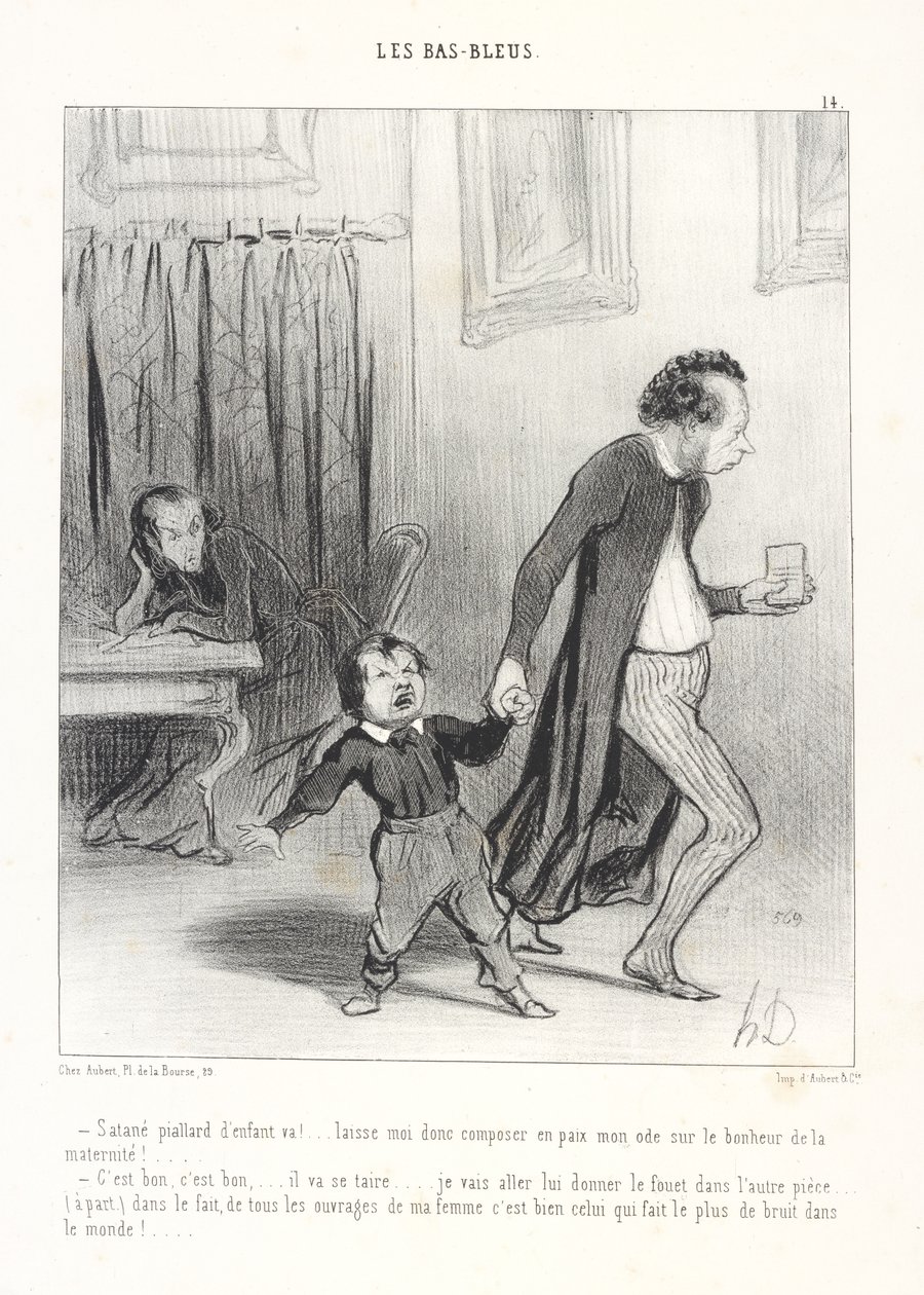 Verdomde zeurpiet! . . . laat me toch in alle rust mijn ode aan het geluk van het moederschap schrijven! . . ../Oké, oké,. . .hij zal wel zwijgen. . .ik ga hem in de andere kamer een pak slaag geven. . .(terzijde.) in feite, van alle werken door Honoré Daumier