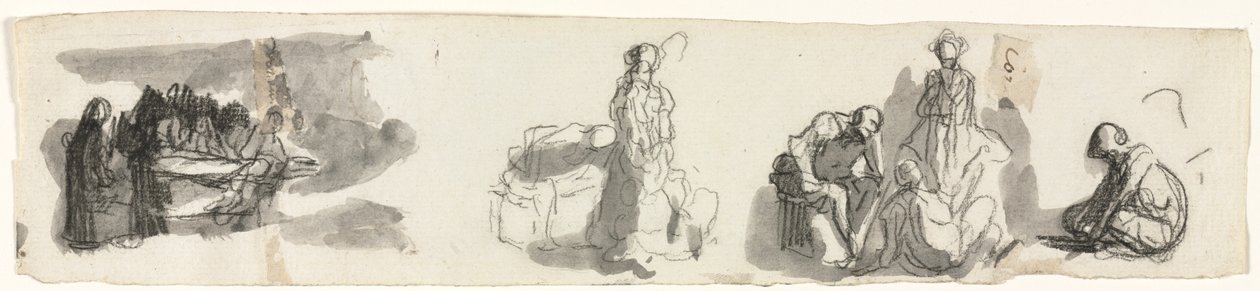Blad met Studies van een Groep van Vier Figuren aan de Rechterkant (recto) door Honoré Daumier