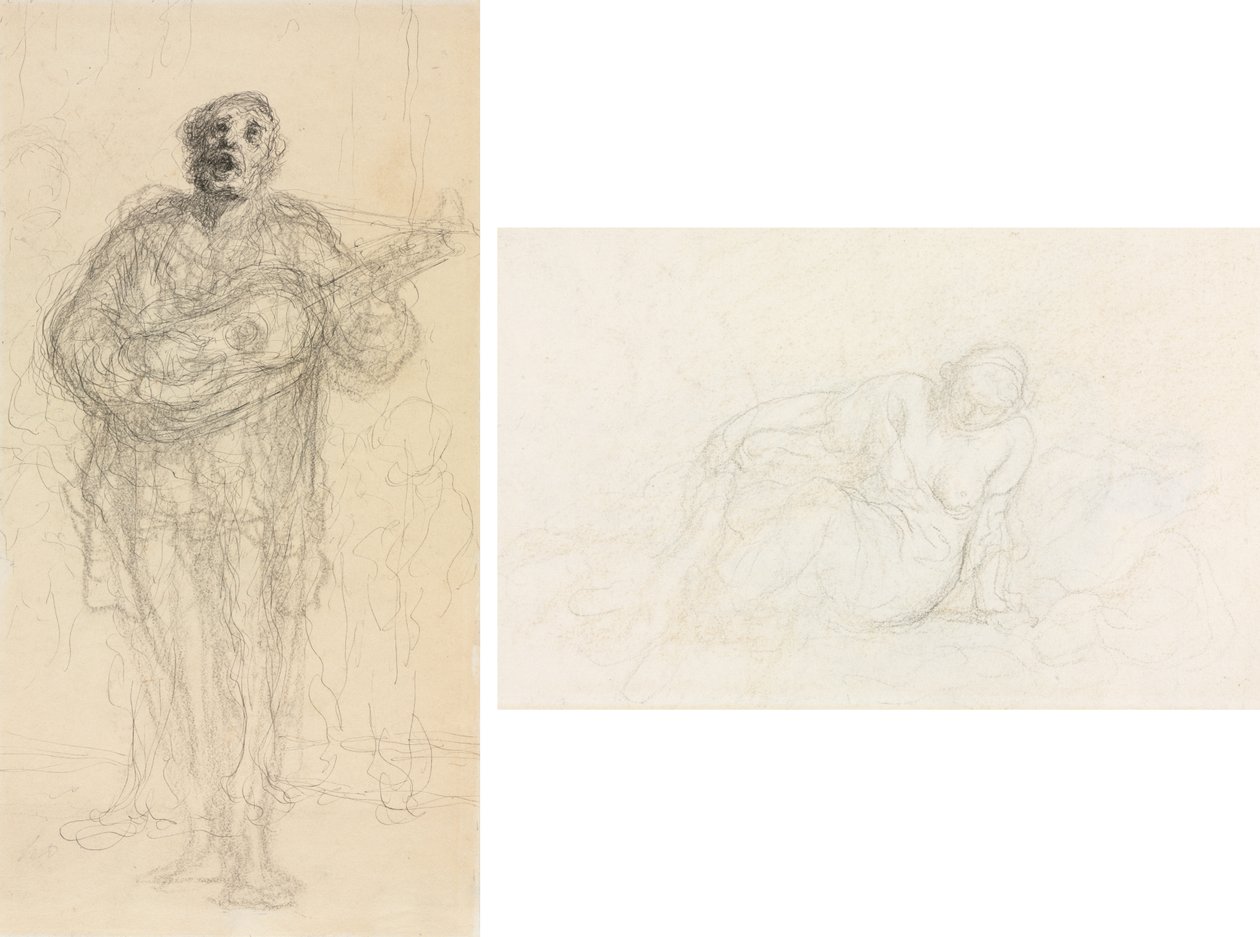 Zingende Gitarist (recto); Liggende Vrouw Leunend op Haar Arm (verso) door Honoré Daumier