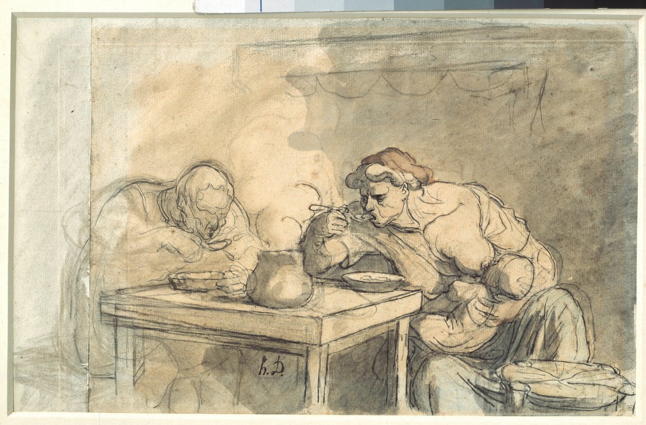 Soep Een paar arbeiders eet soep, de moeder geeft de baby borstvoeding. door Honoré Daumier