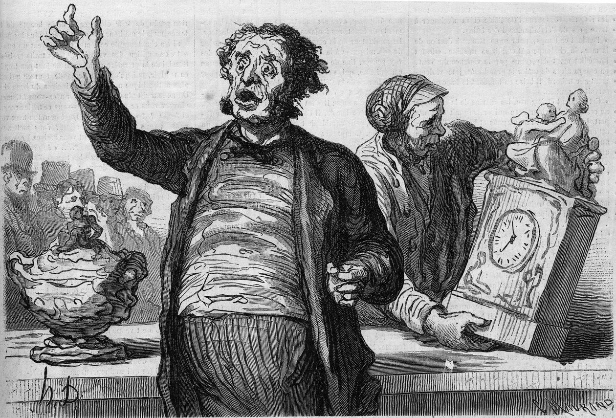 Het hotel van veilingmeesters: de openbare omroeper. Cartoon door Honoré Daumier (1808-1879). Gravure in 