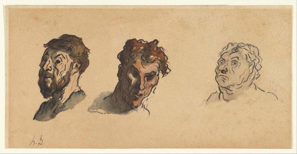 Drei männliche Köpfe door Honoré Daumier