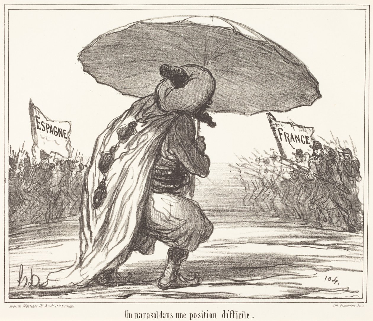 Een parasol in een lastige positie door Honoré Daumier