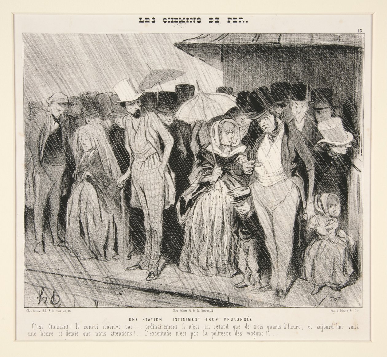 Een oneindig lang oponthoud: Het is verbazingwekkend! De trein komt niet aan!... gewoonlijk heeft hij slechts drie kwartier vertraging,... uit Les Chemins de Fer, in Le Charivari, 13 november 1843 door Honoré Daumier