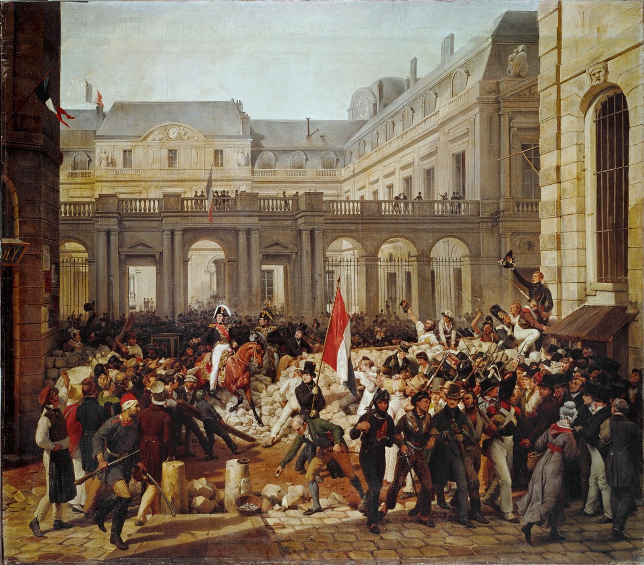 Revolutie van 1830: Vertrek van koning Louis-Philippe naar het Parijse stadhuis ... (schilderij op doek) door Horace (after) Vernet