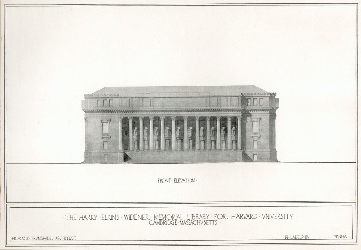 Vooraanzicht, de Harry Elkins Widener Memorial Library voor Harvard University, Cambridge, Massachusetts door Horace Trumbauer