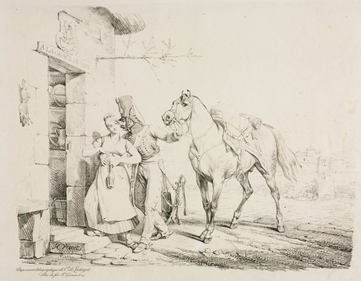 Een Huzaar die een Dienstmeid Omhelst door Emile Jean Horace Vernet