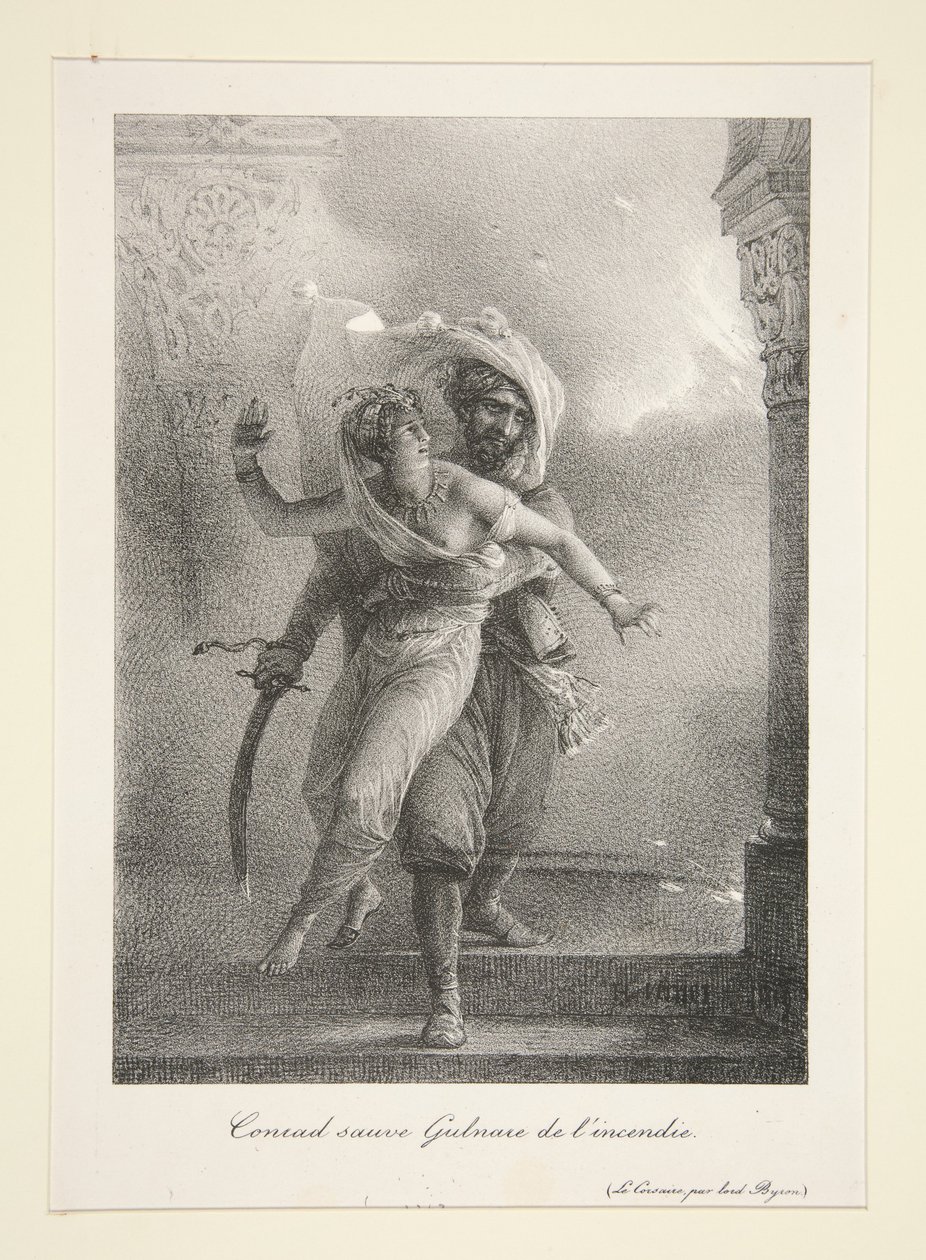 Conrad redt Gulnare uit de brand (Byrons De kaper) door Horace Vernet