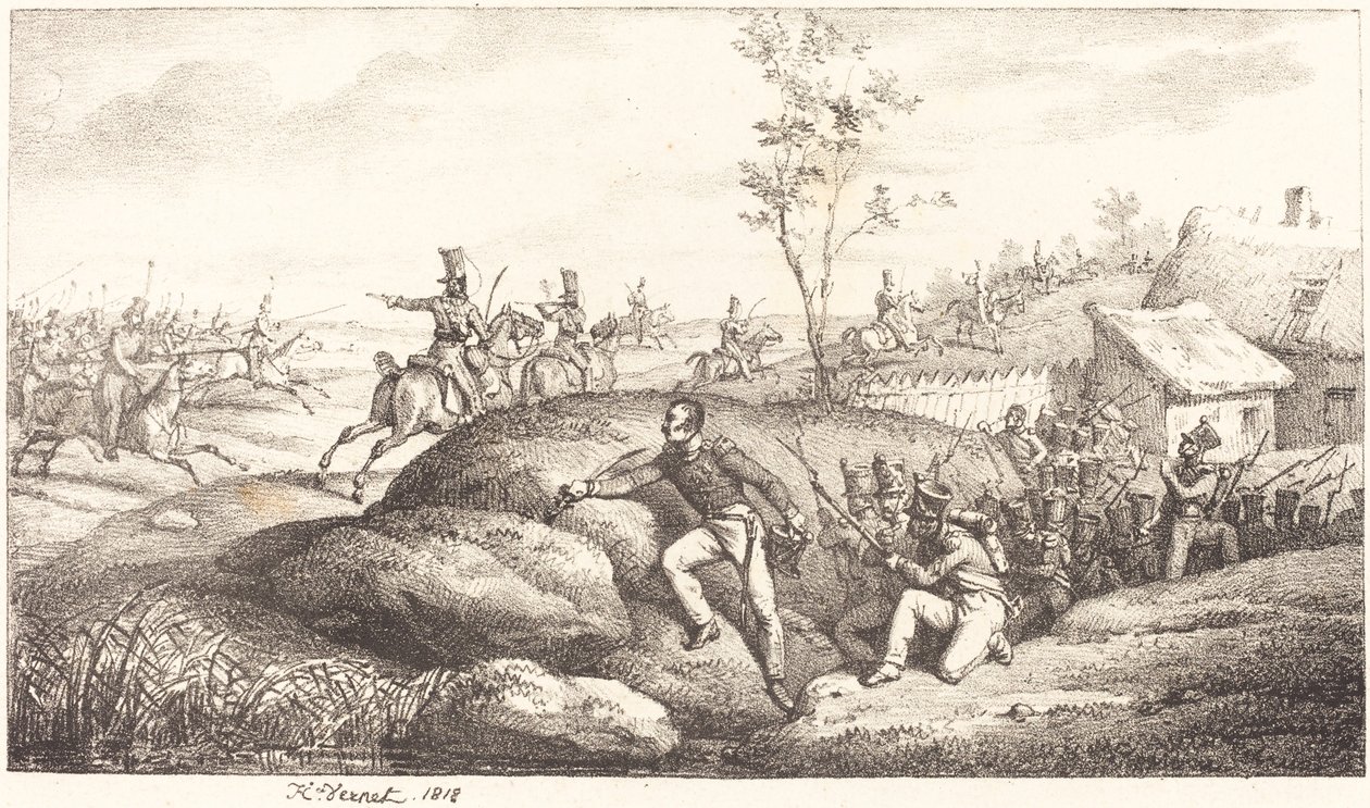 Infanterie hinderlaag tegen de Kozakken door Emile Jean Horace Vernet